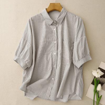 2025 Summer New Cotton Striped Short-sleeved Shirt Lapel Casual Versatile Loose and Thin Top