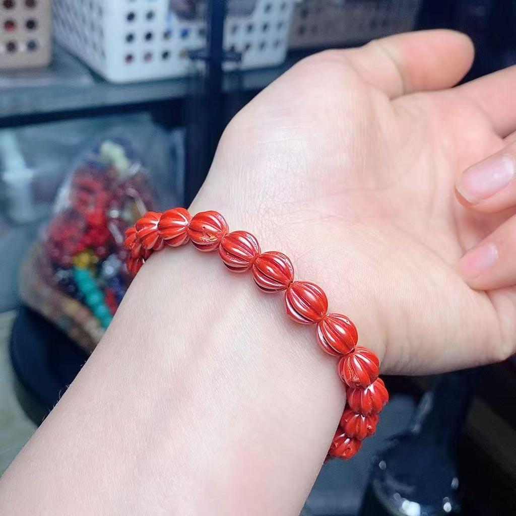 Medium Imperial Sand Pumpkin Bead Bracelet: Women's Cinnabar Zodiac Luck Red Bracelet Ornament
