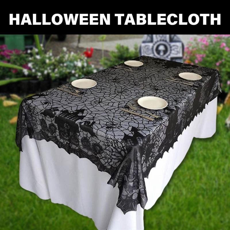 Scary Halloween Table Cover, 53x69inch Rectangles Festival Black Lace Tablecloth Decoration for Festives Occasion