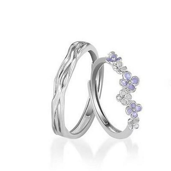 Wisteria S925 Sterling Silver Couple Rings with Mori Style Epoxy Design - Elegant and Unique Pair
