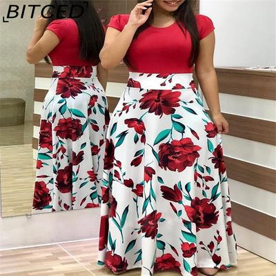 Floral Print Patchwork Short Sleeve Bohemian Dress Women Summer O-Neck Big Swing Long Dresses