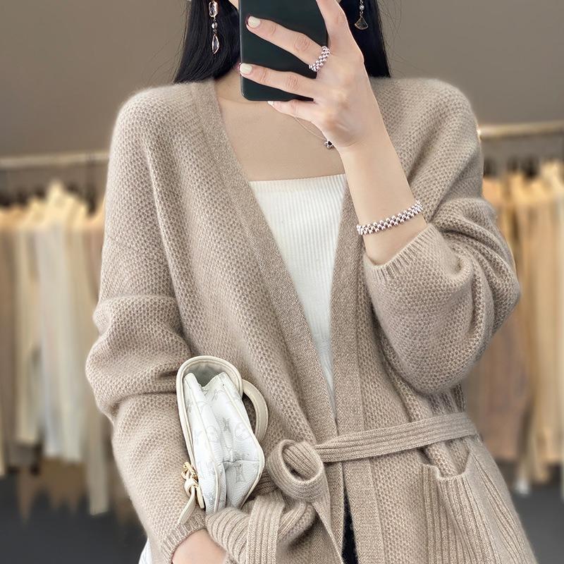 Autumn and winter high-end sweater cardigan jacket women's medium and long buckle-free lace-up loose lazy style versatile knitted jacket