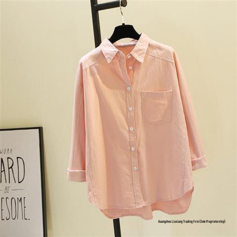 Women's Cotton Spring Shirt: Versatile Medium-Long, High-Grade Solid Color, Korean Artistic Style
