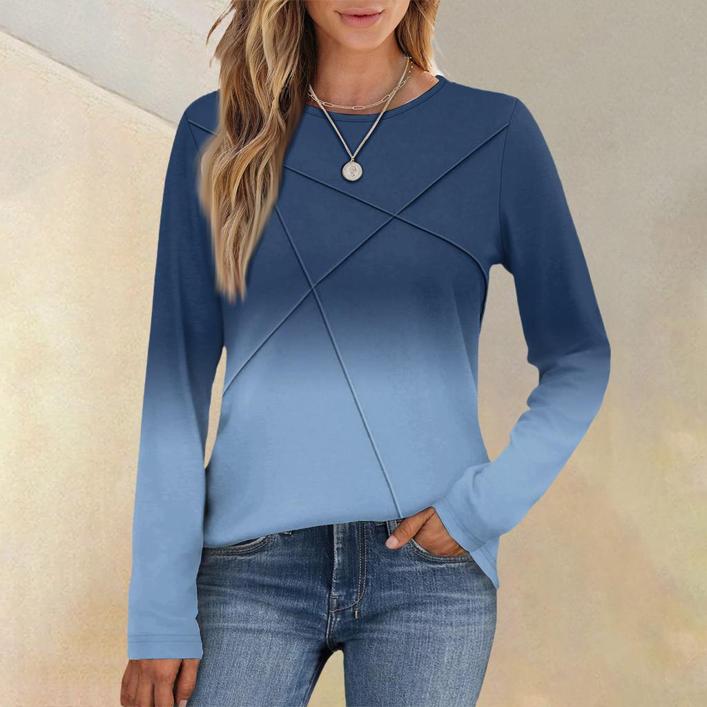 Fashionable Women's Long-sleeved Gradient Round Neck Casual Pleated Loose Top