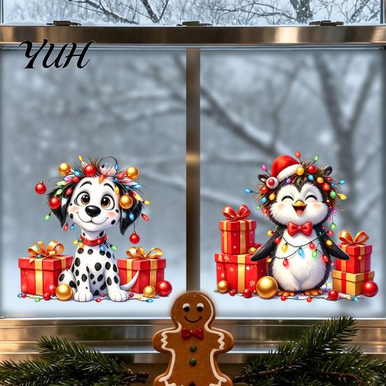 Waterproof PVC Window Decorations Christmas Spotted Puppy/Penguin Static Sticker, Cute Watercolor Animal Glass Stickers with Colorful Lights