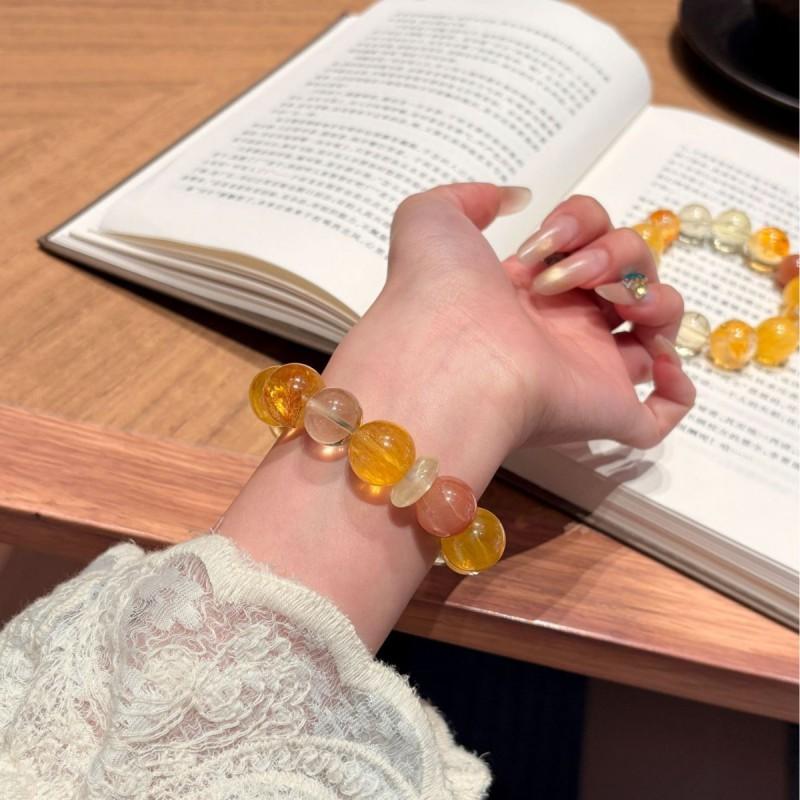 Honey Sunshine Original Yellow Crystal Beaded Bracelet Fluorite Phantom Quartz Lemon Large Beads Womens