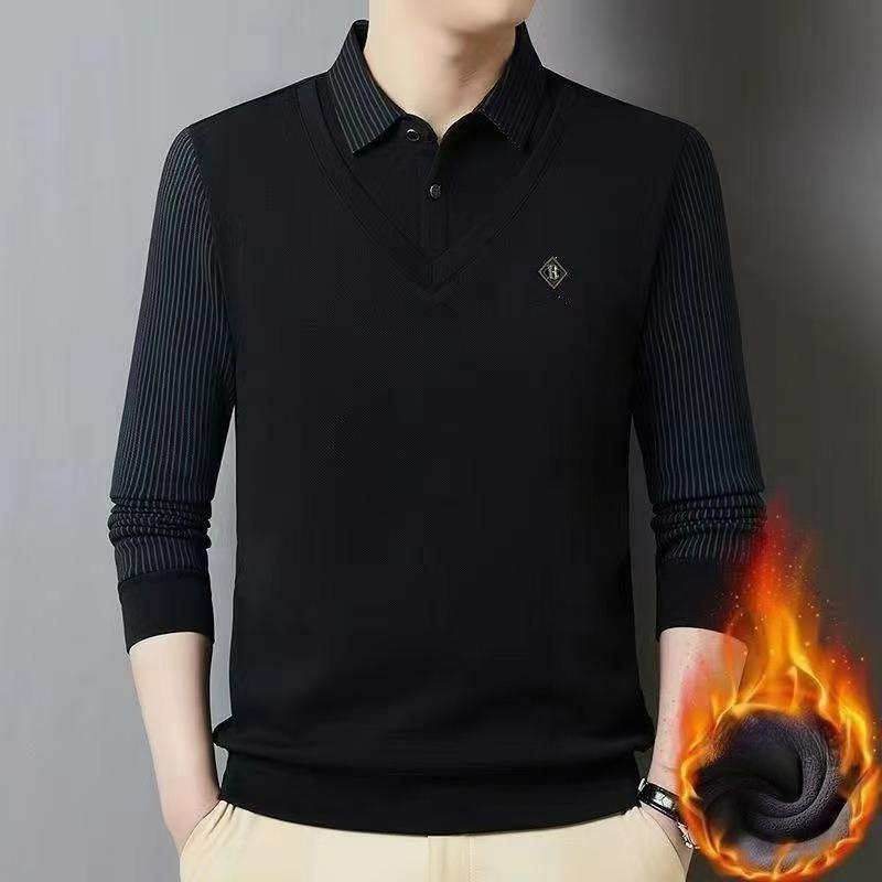 T-shirt a manica lunga con colletto alla coreana Moda Casual Camicia base da uomo Plus Velluto Spessa Autunno e Inverno Polo