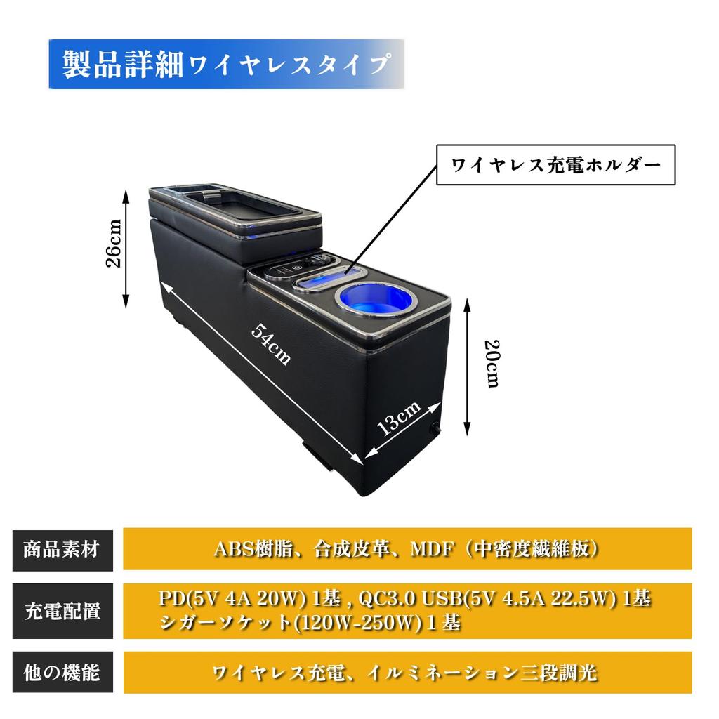 Wireless Charging Center Console Box MN71S Compatible USB Charging LED Dimming Drink Holder Smartphone Storage PU Leather Armrest Included Car