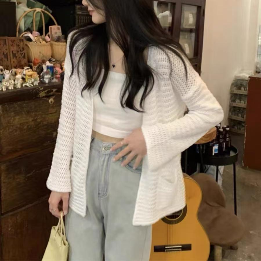 Summer women's thin hollow pocket knitted cardigan outer wear design sense niche hot girl sunscreen shawl top coat