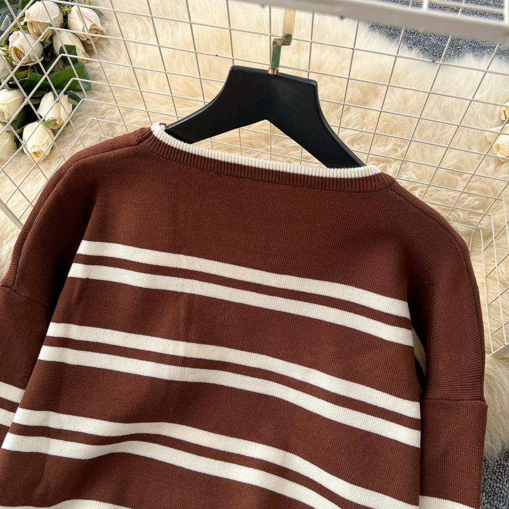 Autumn Winter Women Casual Striped Knitted Sweater Trouser Two Piece Set Full Sleeve Pullover Tops and Wide Leg Pant Tracksuit