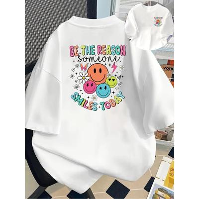 T-shirt da Donna con Stampa Faccina Sorridente Energia Positiva Girocollo Manica Corta Design a Cuori Primavera Casual Giocoso Trendy Top