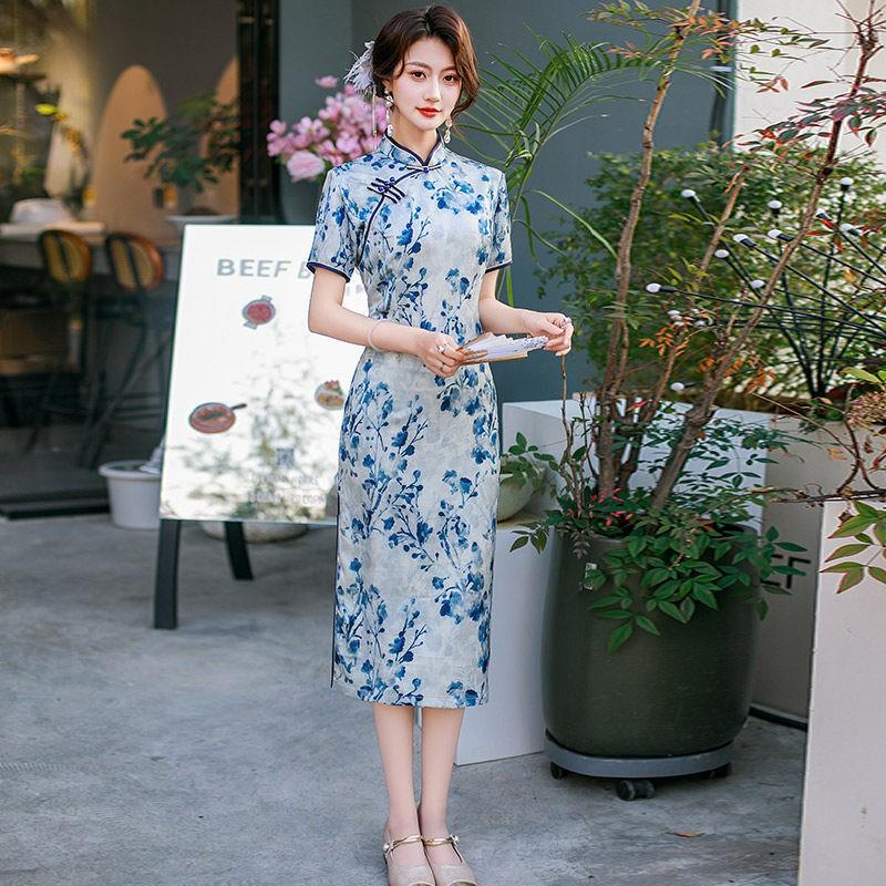 Elegant Blue Modern Chinese-Inspired Midi Dress Women 2026 Stand Collar Three-Quarter Sleeve Stretch Fit Medium