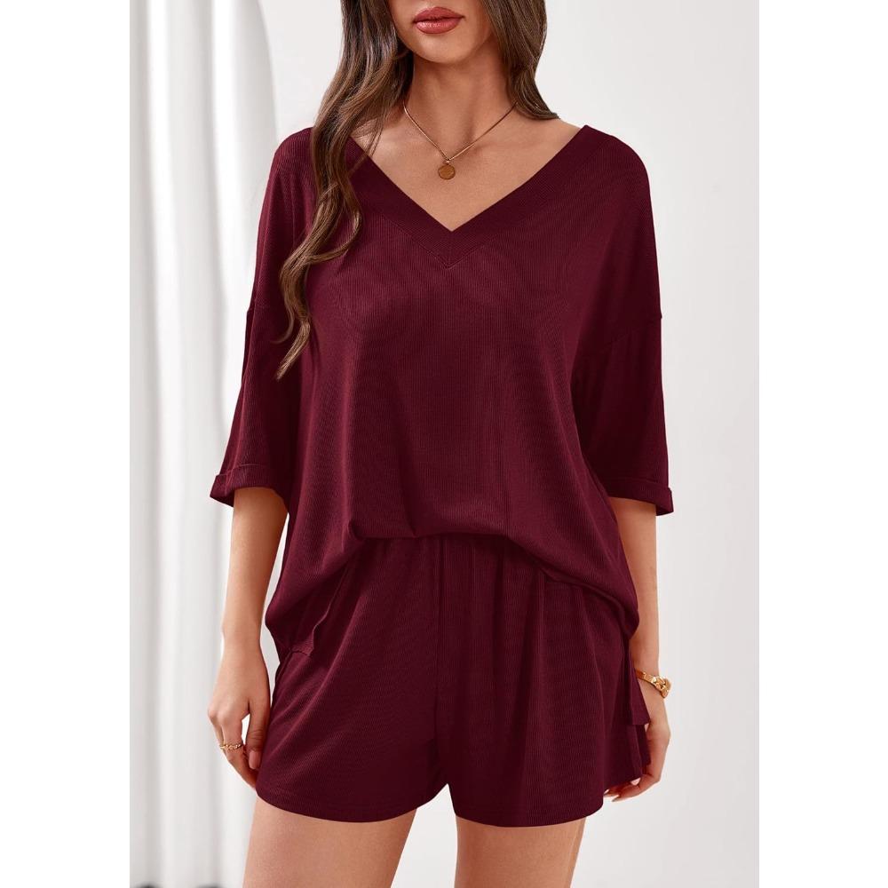 Women's Two Piece Lounge Outfit Set V Neck Half Sleeve Solid Tops and Pocket Shorts