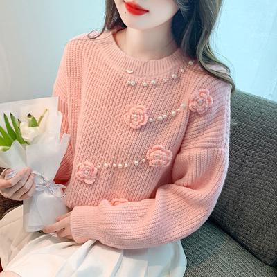 WTEMPO Women's Long Sleeve Round Neck Sweater Fashion Flower Knitwear Girl Soft Comfortable Knitting Tops Sweaters