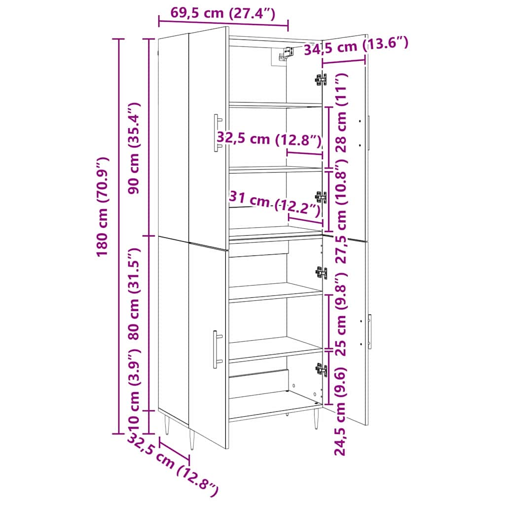 Wall Mounted Highboard Reclaimed Wood Look 69.5 x 34 x 180 cm Engineered Wood