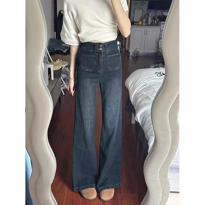Women's High Waist Fleece-Lined Retro Straight-Leg Jeans, Plus Size, Autumn/Winter, Loose Fit, Slimming Wide-Leg Pants.