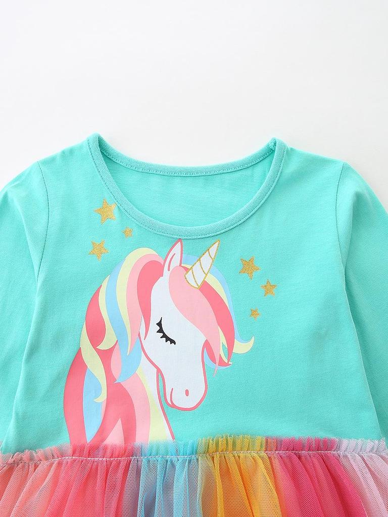 Autumn Girls' Unicorn Princess Dress – Cute European & American Style with Mesh