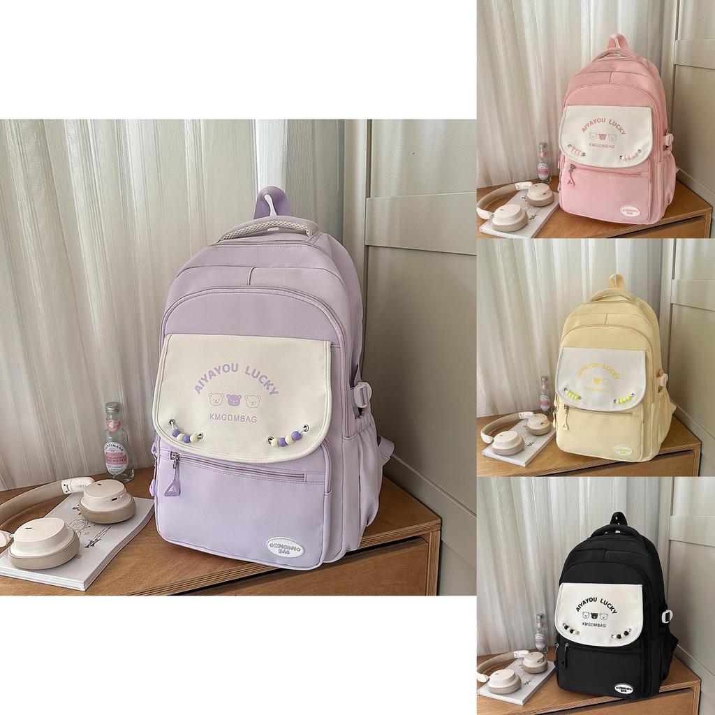 College Student Slim Nylon School Backpack With Letter Bear Print Bead Decoration For Women