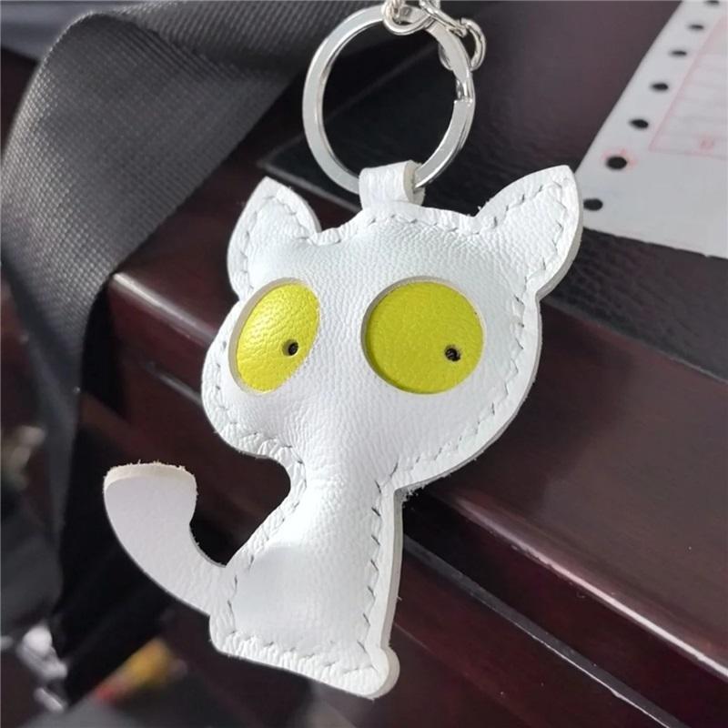 Dry-staring Little Cat Bag Charm Genuine Leather Bag Pendant Handmade Car Keychain Doll Accessory