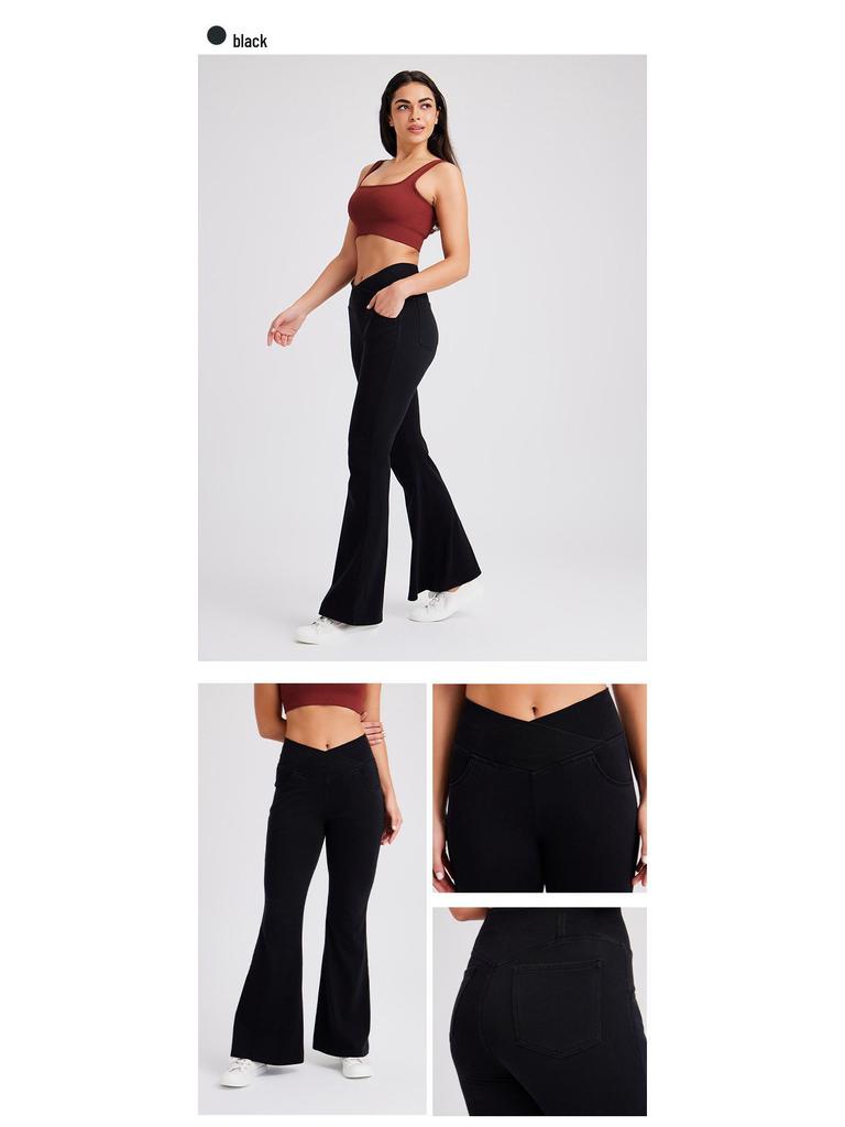 Women's High-Waisted Stretch Knit Denim Flare Pants with Pockets