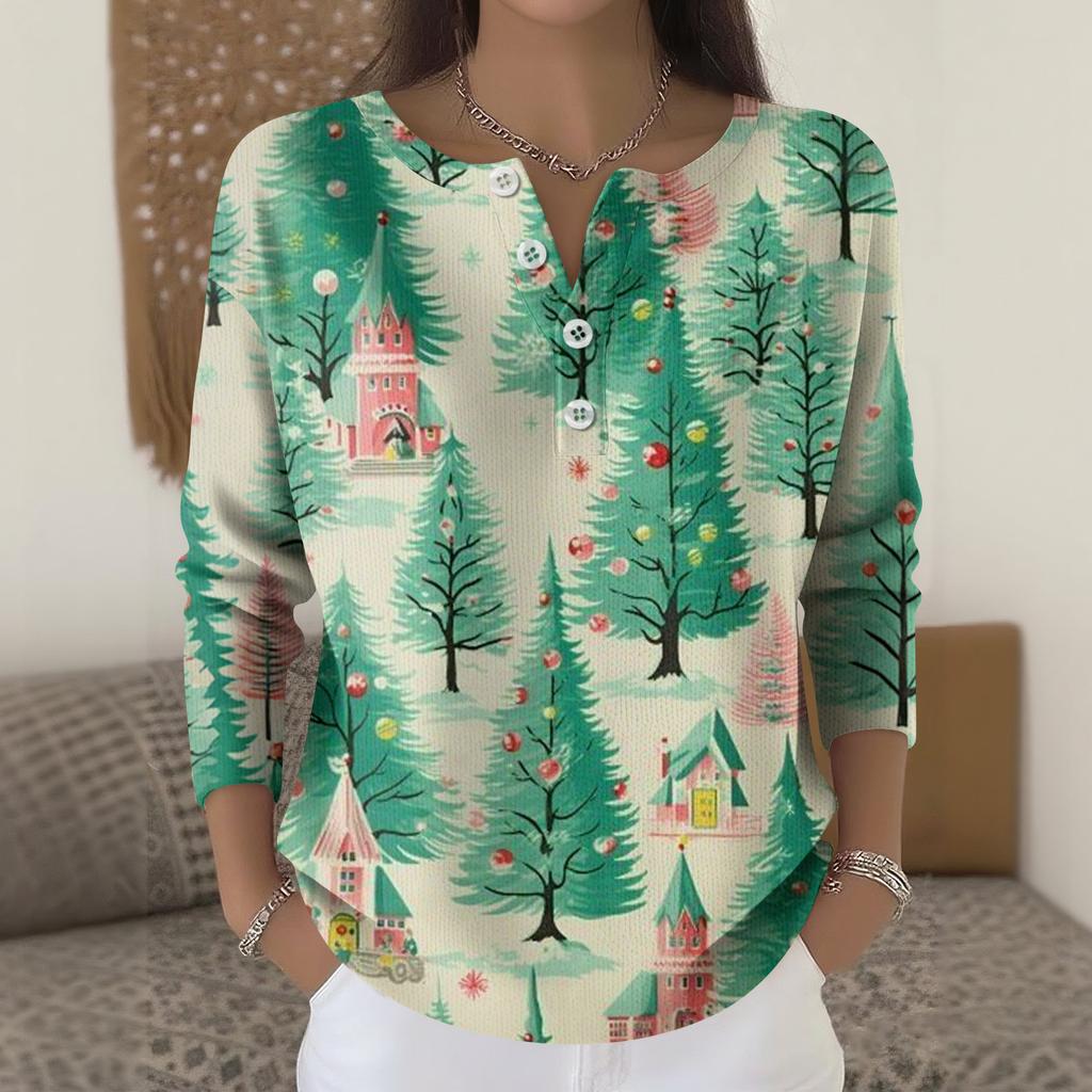 Women's Fashion Long Sleeve Christmas Snowflake Print Top Elegant Casual Top