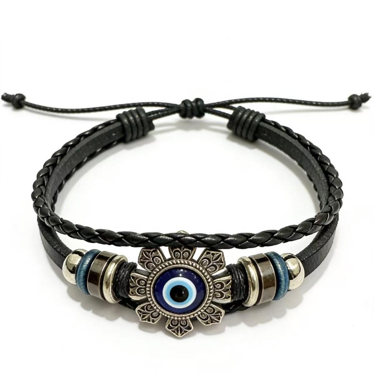 Турецкий синий глаз цветок многослойный кожаный браслет с бусинами в европейском стиле чёрный