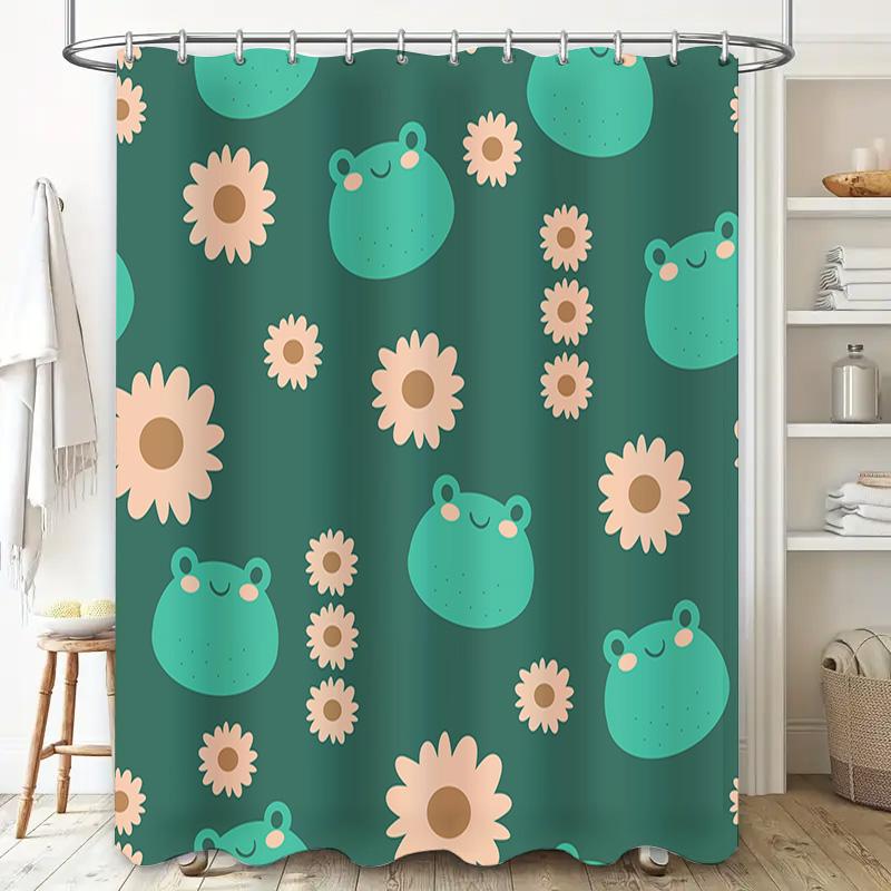 Bright Green Bathtub Shower Curtain with Flowers Frogs Print Waterproof Bath Rug Set for Bathroom Decor