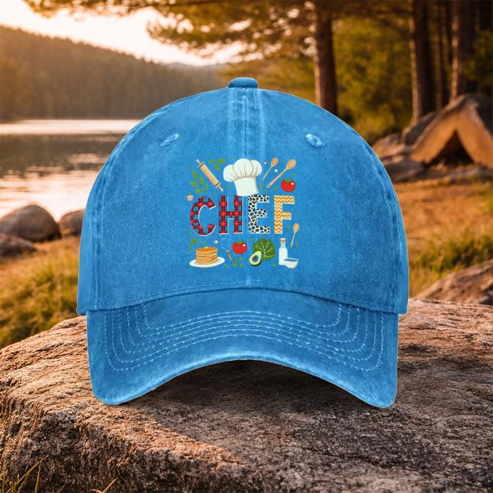 Chef Pattern Washed Baseball Cap Adjustable Cotton Outdoor Golf Sun Hat Unisex