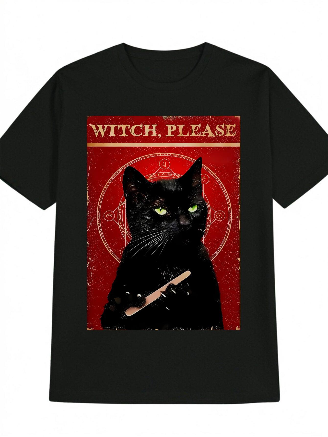 

Casual Black T-shirt with Magical Cat Design - Green Eyes S