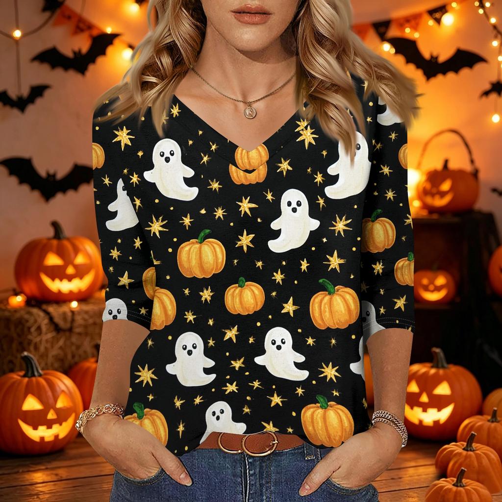 Damen Halloween Print V-Ausschnitt 3/4 Ärmel Lässiges Oberteil Leichter Weicher Stoff Lockere Passform Pulloverhemd für Saisonale Kleidung