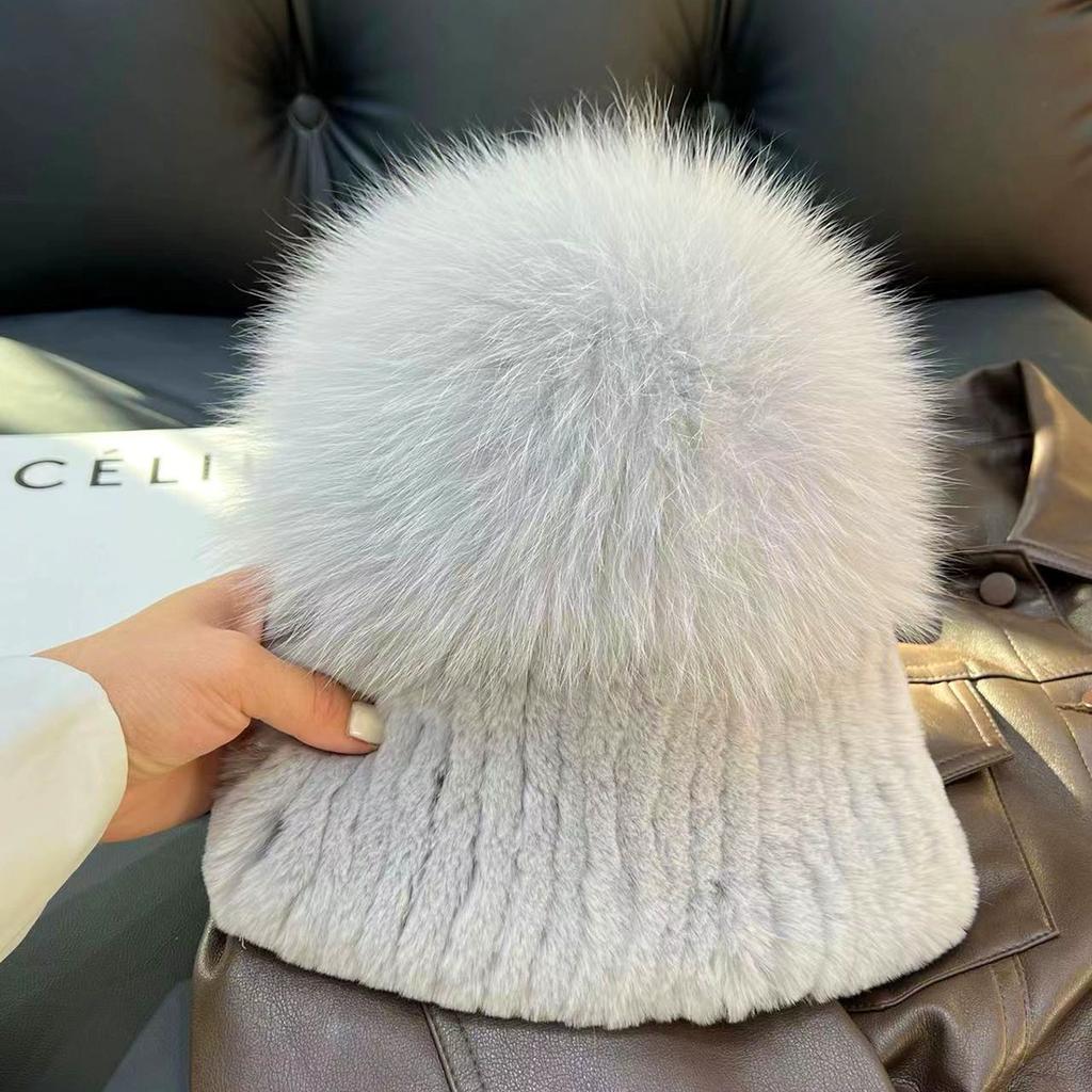 Real Rex Rabbit Hair Fox Hair Hat Thickened Fur Ear Protector Hat Cold-proof and Warm Plush Knitted Hat Baotou Hat Basin Hat