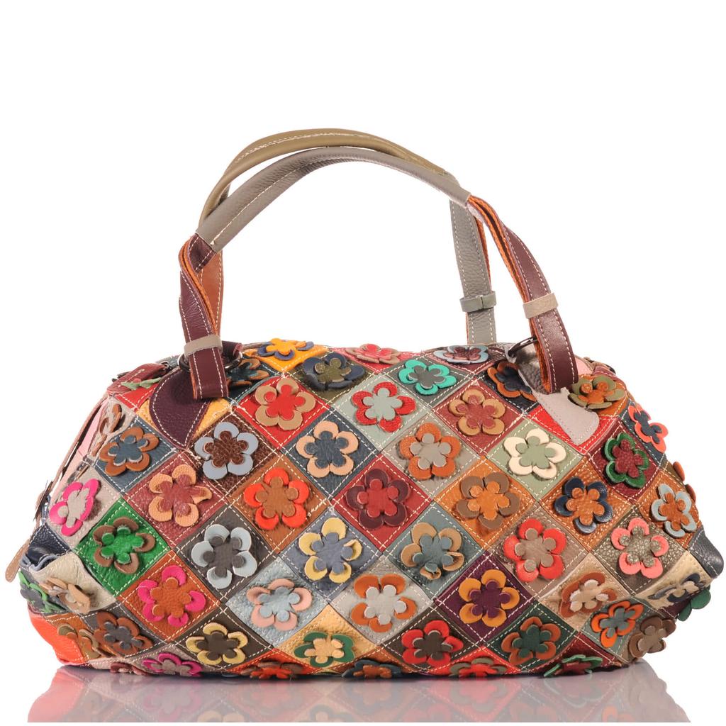 Women's Patchwork Bag with 3D Flowers
