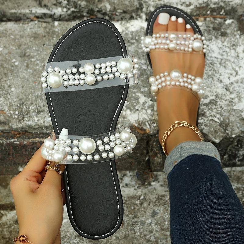 Foreign Trade Large Size Flat-bottomed Slippers Women's 2025 Summer New Round Head Pearl One-word Outer Wear Casual Beach Cool Slippers