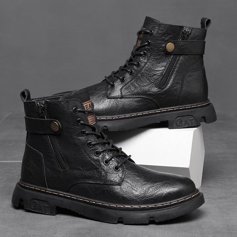 Fashion Fashion Casual Leather Male Motorcycle Boots Outdoor Men's Ankle Boots High Top Winter Casual Shoes Warm Plush Fur Winter Botas