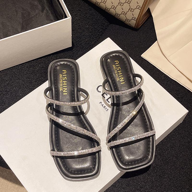 

Thick-soled sandals women s summer outer wear 2025 new rhinestone transparent diamond-set crystal and slippers thick heel square head high heels 40 чёрный