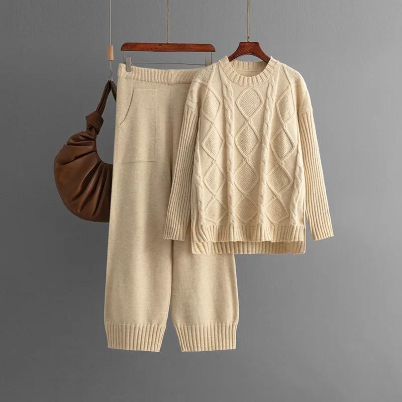 

Осень-зима свитер с круглым вырезом, пуловер, топы, женские толстые трикотажные комплекты из 2 предметов, повседневные прямые брюки с высокой талией One Size бежевый