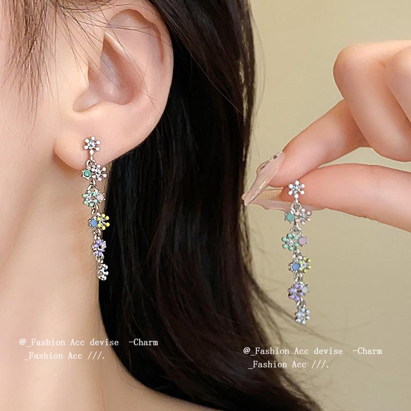 

Silver Needle Drip Oil Diamond Flower Tassel Earrings - Summer Sweet High-End Style