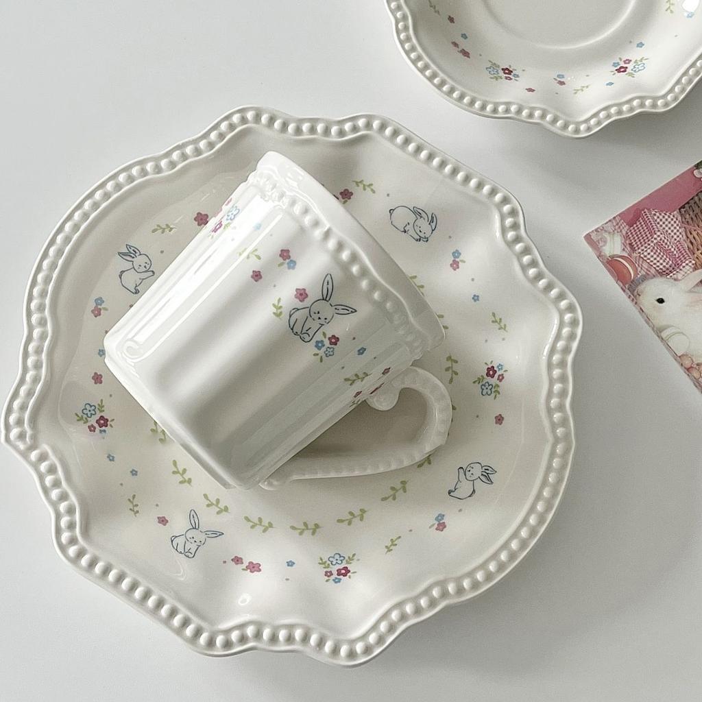 Creative Rabbit Relief Ceramic Cup and Plate Set for Small Fresh Tableware