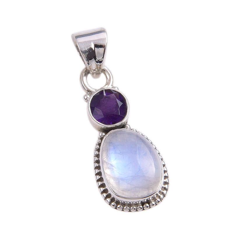 Natural Rainbow Moonstone, Amethyst Gemstone 925 Solid Silver Pendant 1.50" L6P64