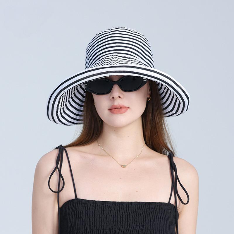 Summer outdoor foldable sunshade sunscreen contrasting color striped big eaves bucket hat women