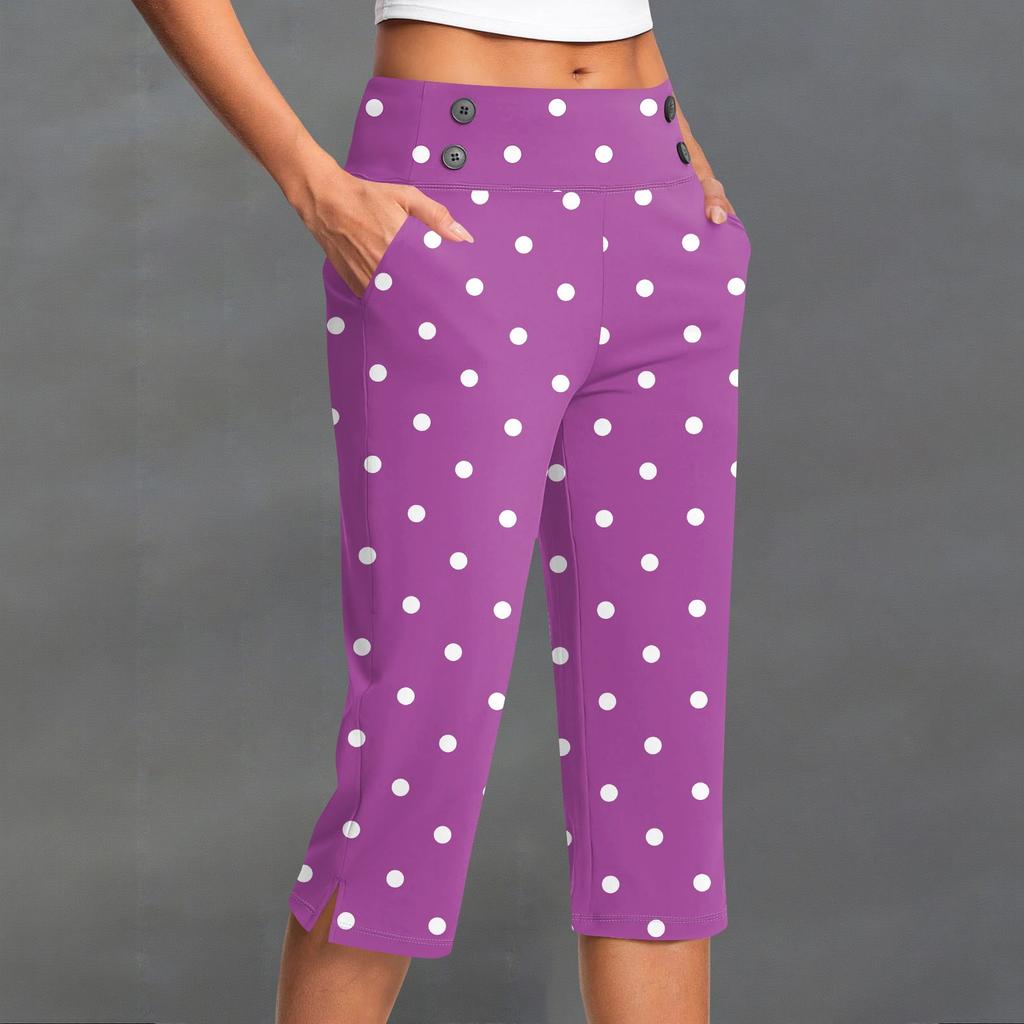 Women's Fashion Polka Dot Button Pocket Trousers Slit High Waist Sports Yoga Casual Cropped Pants