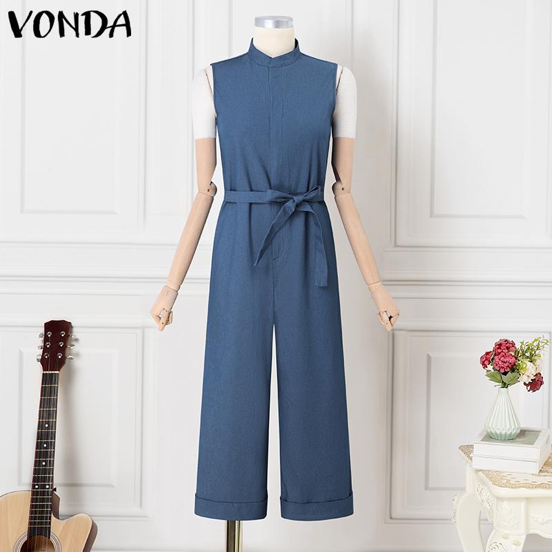 VONDA Damskie Letnie Bez Rękawów Zapinane na Zamek Dżinsowe Niebieskie z Paskiem w Talii Długie Kombinezony Ogrodniczki
