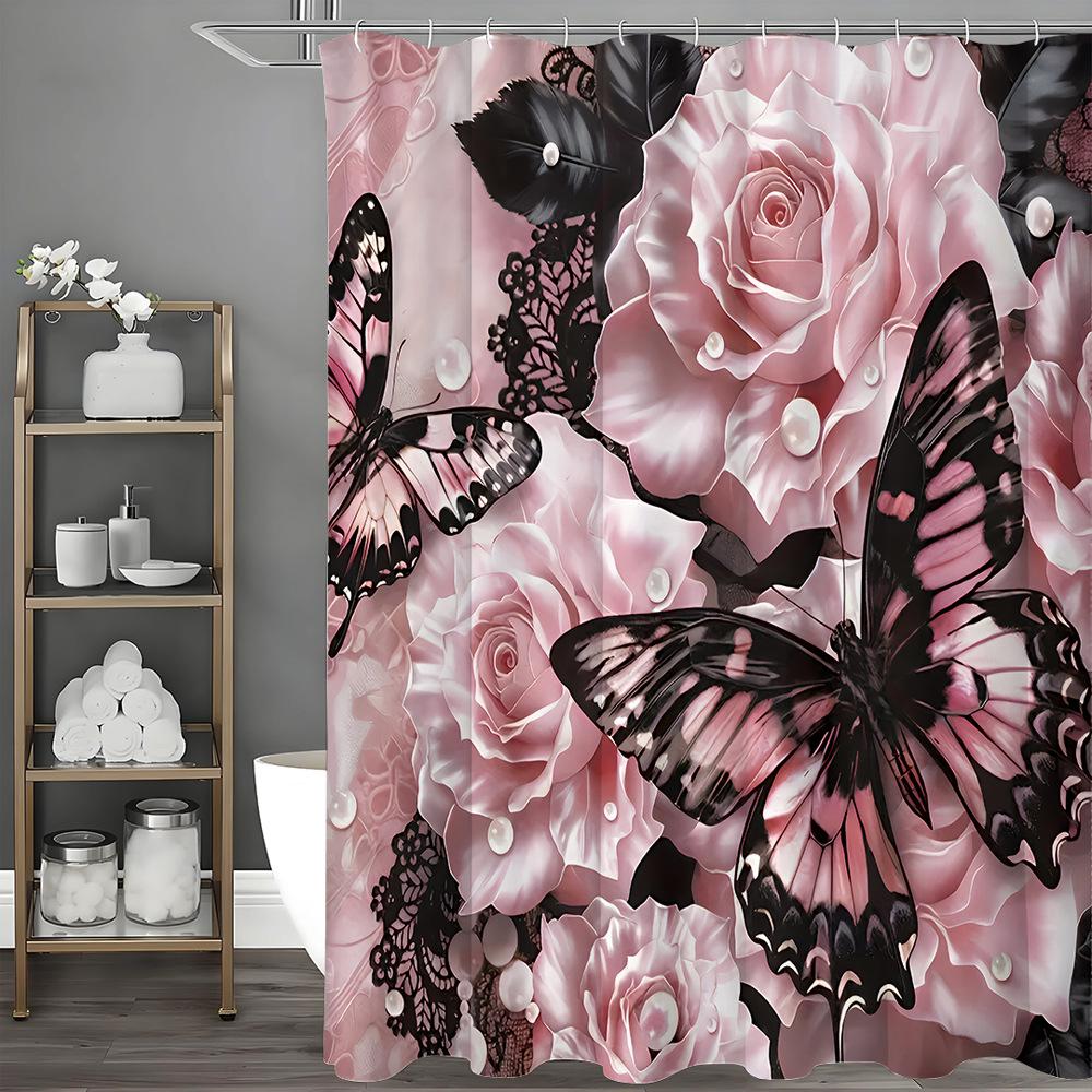 

Pink Rose Butterfly Bath Toy Shower Curtain Washable Dirt-Resistant Shower Head Waterproof Polyester Bath Curtain For Home Decor W60H190(CM)-1 Pcs