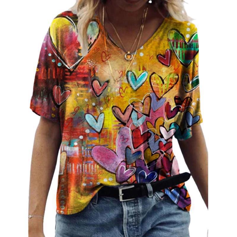 Women's T-shirt 3D Pattern Printed Casual Short Sleeved V-Neck Top Fashionable Street Women's Clothing