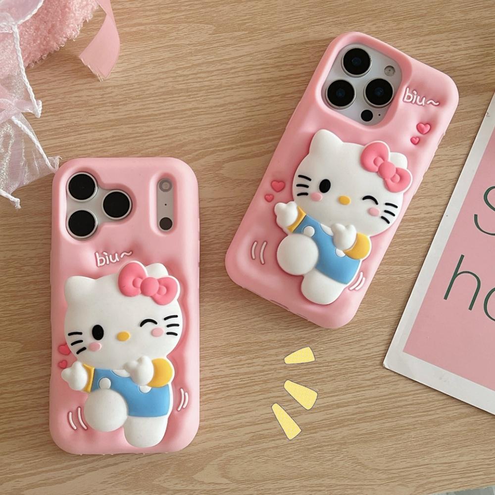 Pink Cute 3D KT Head Grip Tok Holder Phone Case For iPhone 17 Pro Max 16 Pro 15 Pro 14 Plus 13 12 17 Pro Shockproof Phone Cover