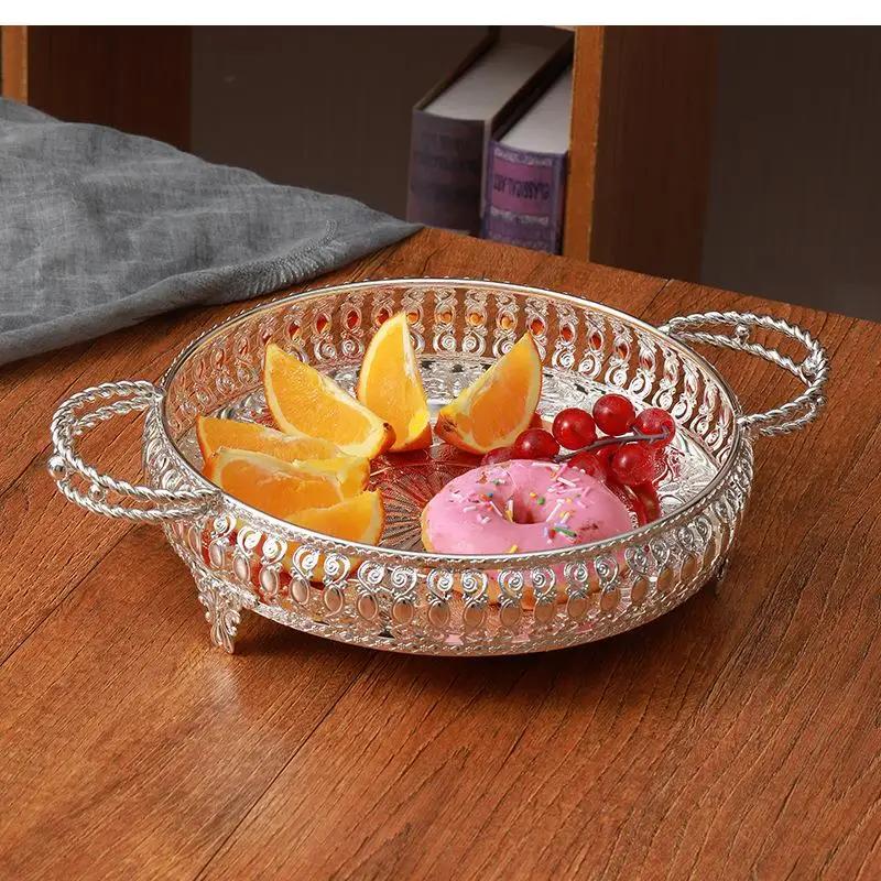 Silver, Circular Fruit Storage Tray, Home Living Room Snack Cake Box, Food Tray with Handle, Metal, Decorative