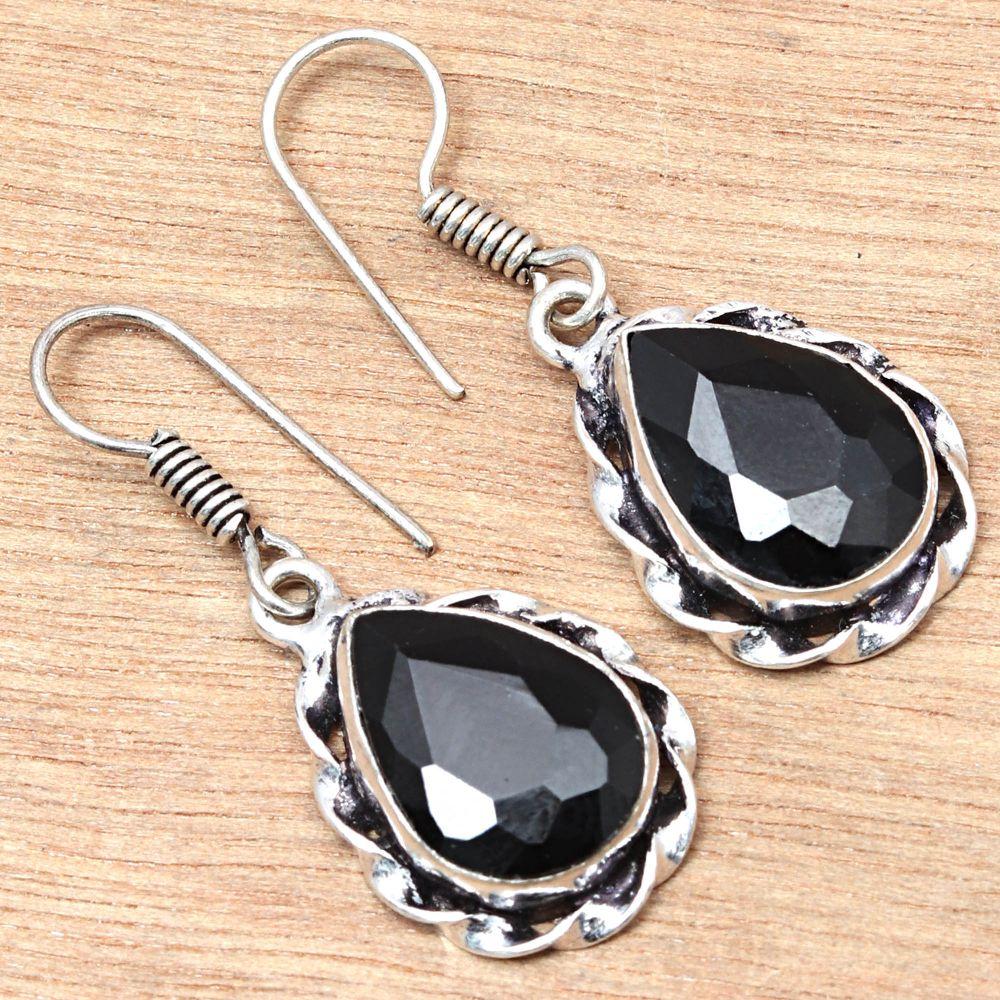 Black Spinal Gemstone Handmade Gift For Her Silver Jewelry Earrings 1.5''