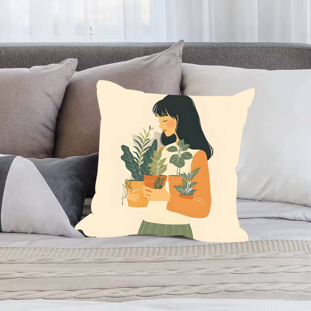 F-Blumen P-Pflanze G-Mädchen Kissenbezug Hausstaubmilben-Schutz Kissenbezug Verdeckter Reißverschluss Seidig Kurzer Plüsch Sofakissenbezug