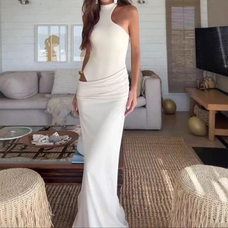

Western Style New Women clothes Fashion Half High Leader Slim fit Patchwork Hollow out Sheath Dress White S