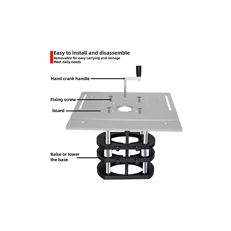 Router lift - lifting system for milling tables. Includes insert plates for woodworking. Compatible with small milling machines. Features 4 jaws and a
